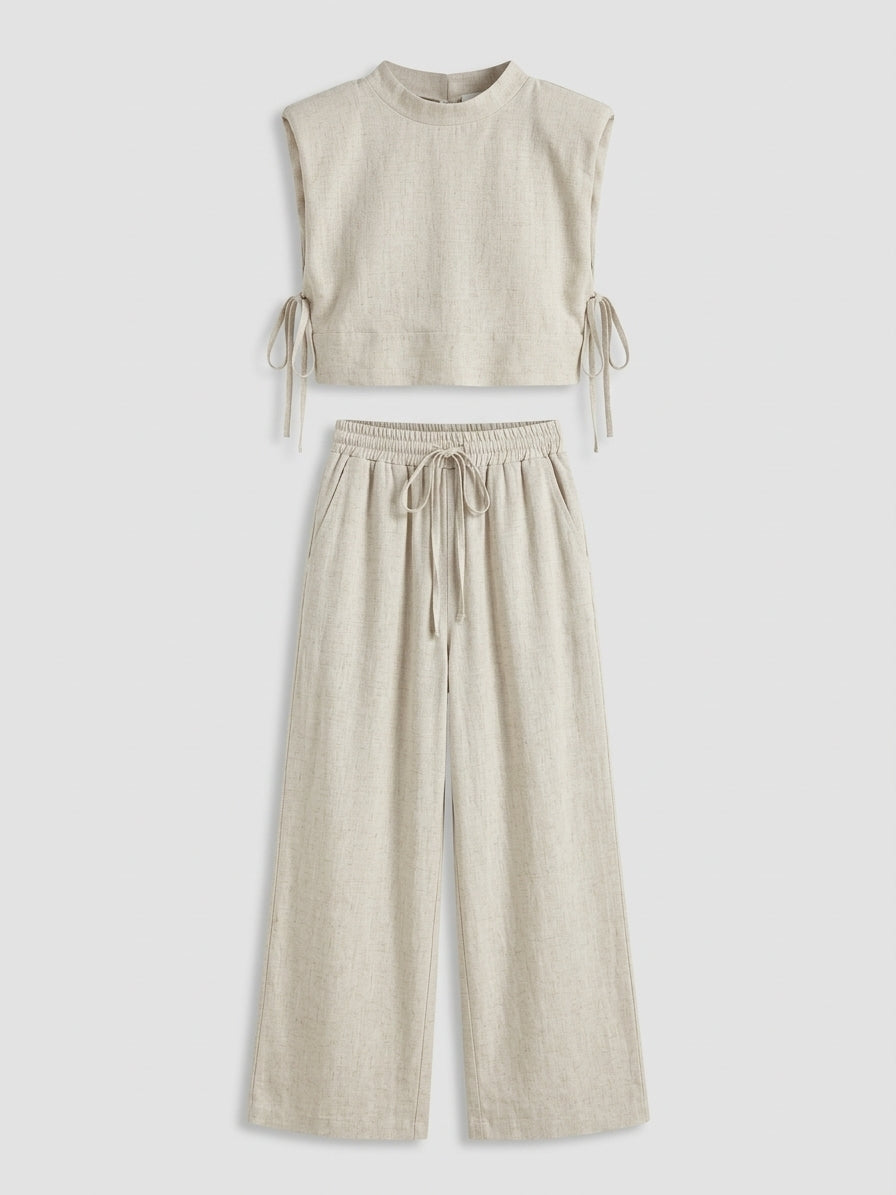 Ensemble deux pièces crop top en lin à lacets et pantalon en dentelle