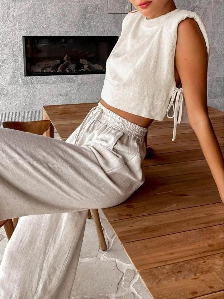 Ensemble deux pièces crop top en lin à lacets et pantalon en dentelle