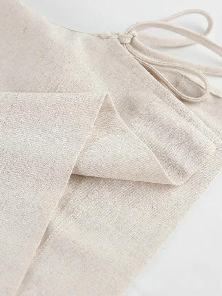 Ensemble deux pièces crop top en lin à lacets et pantalon en dentelle