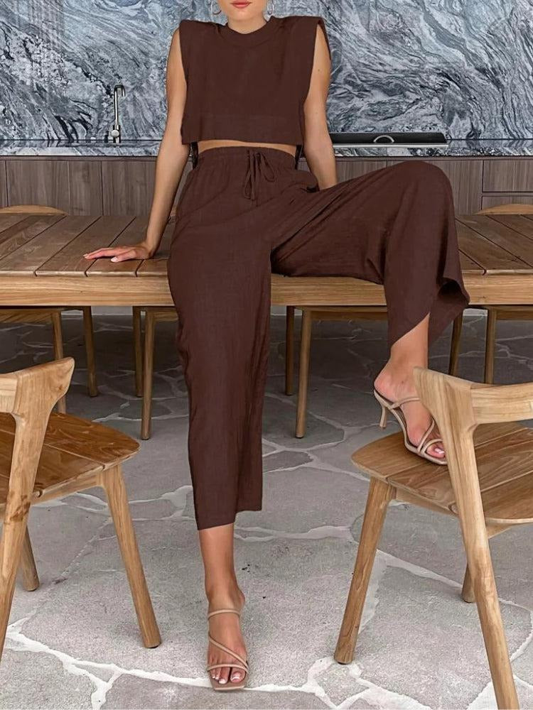 Ensemble deux pièces crop top en lin à lacets et pantalon en dentelle