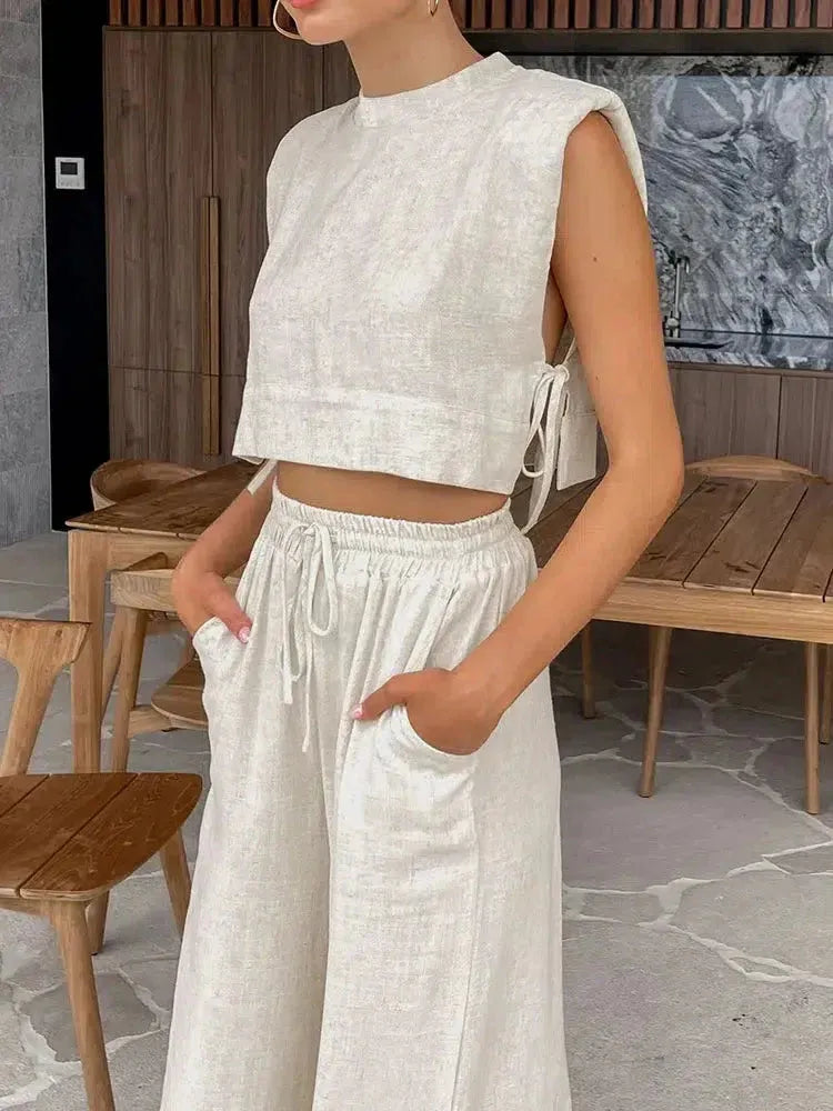 Ensemble deux pièces crop top en lin à lacets et pantalon en dentelle