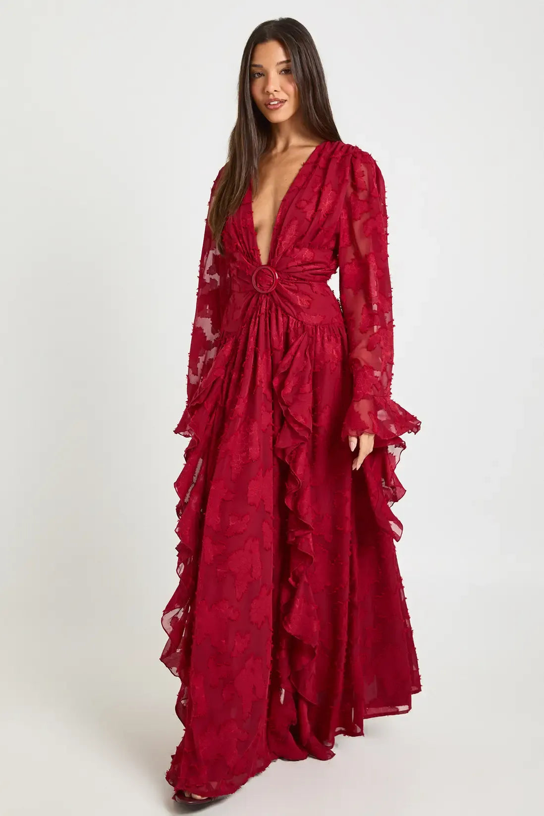 Robe Longue Texturée avec Fente Cuisse et Découpes
